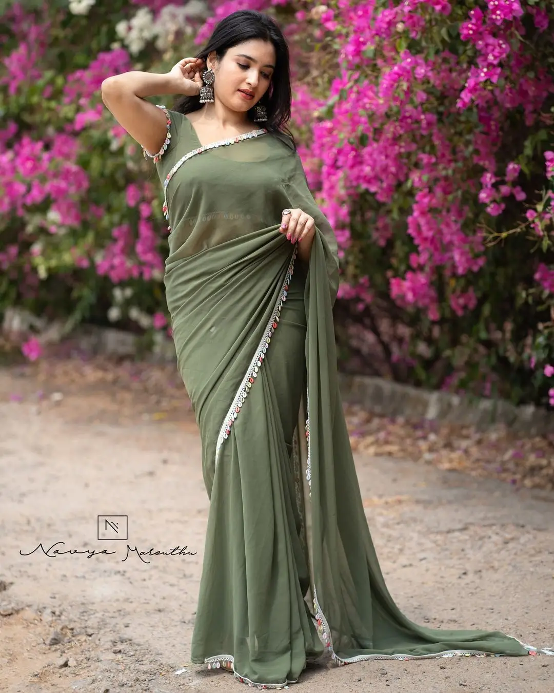 Rathika Rose Wearing Green Saree Sleeveless Blouse